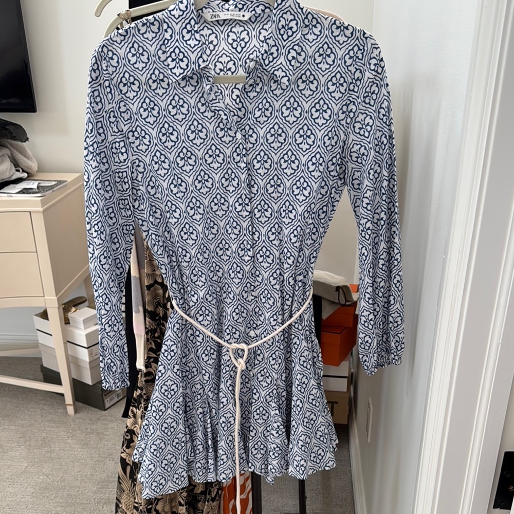 Patterned Long-Sleeve Dress with Belt
